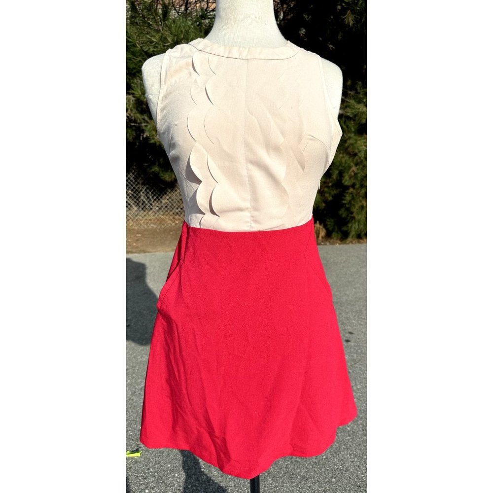 Ezra Womens Small Red Dress Sleeveless Lace Floral Back Laser Cut Beige Front